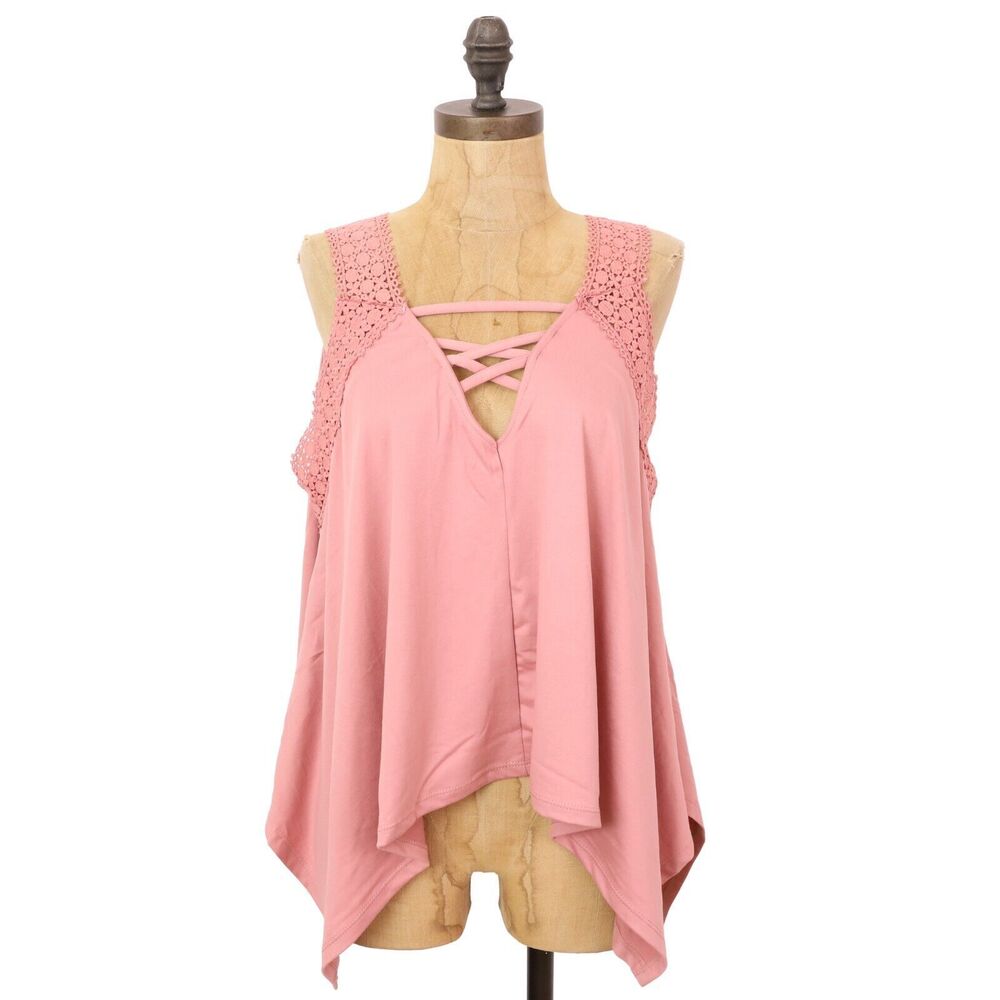 CAPELLA Sharkbite Asymmetric Hem Lace Up Tank Top L Pink Stretch NWT B66